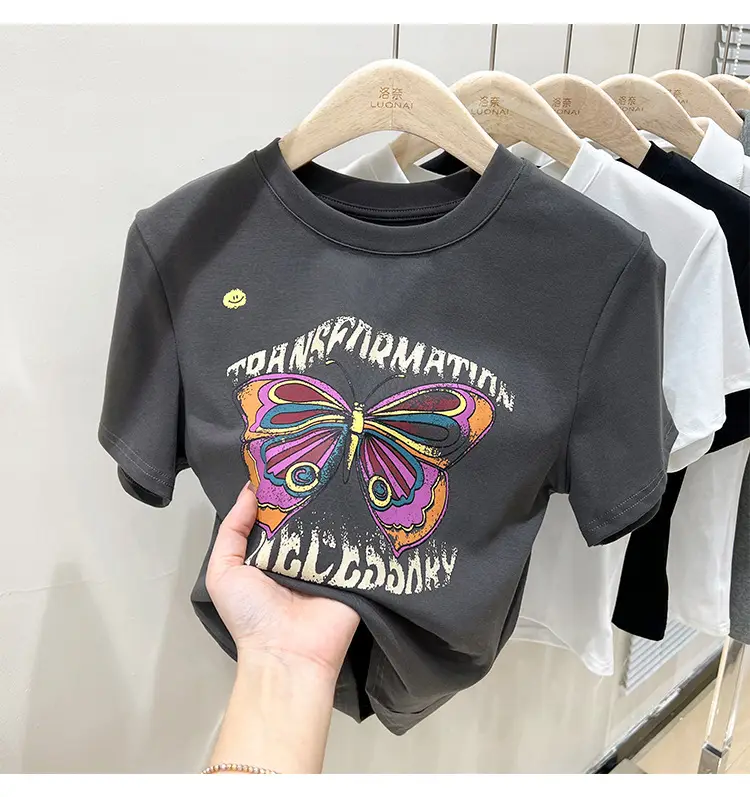 Vintage Butterfly Printed Women's T-Shirt Grey — feature 21