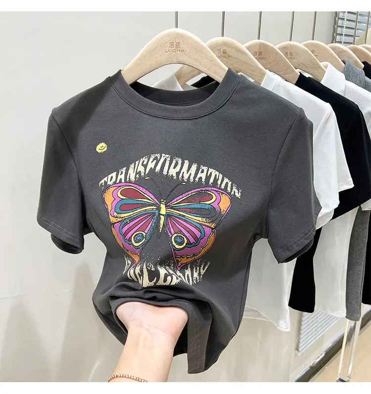 Vintage Butterfly Printed Women's T-Shirt Grey — feature 22
