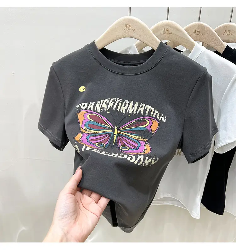 Vintage Butterfly Printed Women's T-Shirt Grey — feature 23