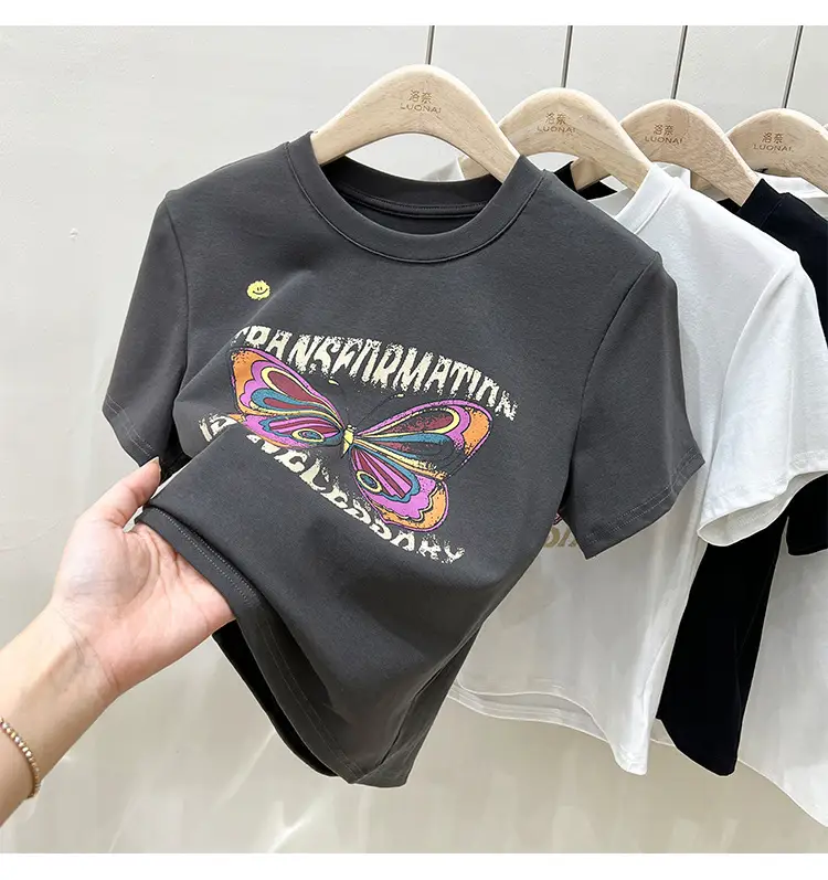 Vintage Butterfly Printed Women's T-Shirt Grey — feature 24
