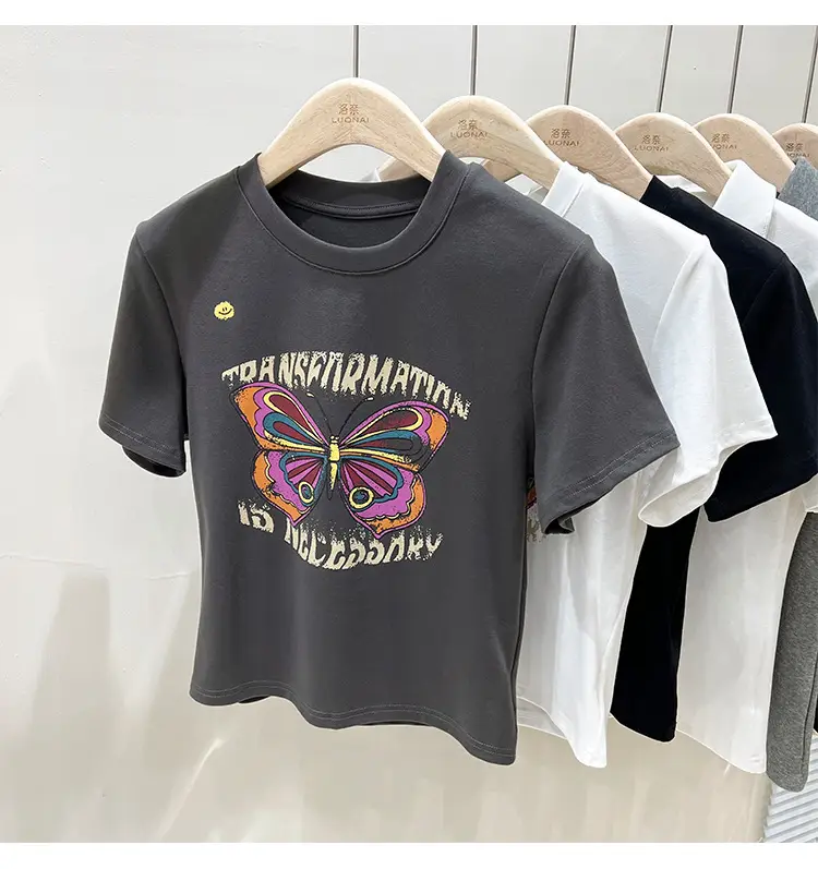Vintage Butterfly Printed Women's T-Shirt Grey — feature 25