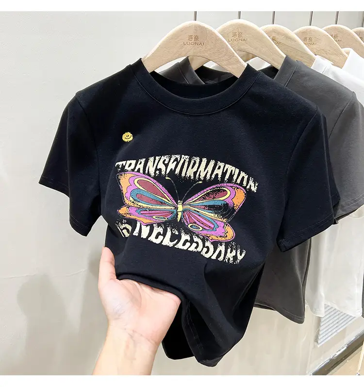 Vintage Butterfly Printed Women's T-Shirt Grey — feature 32