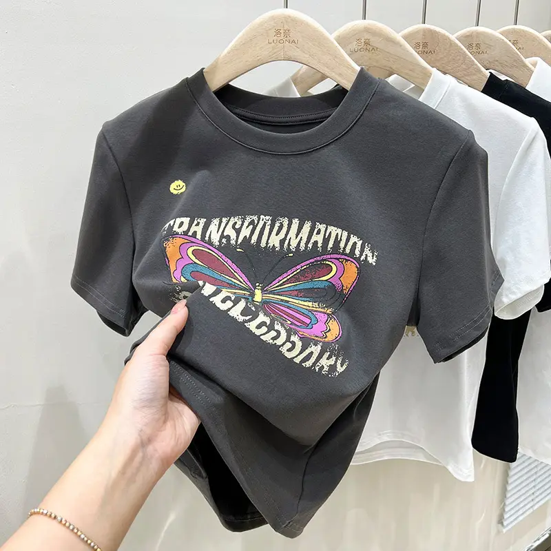Vintage Butterfly Printed Women's T-Shirt Grey - Image 2