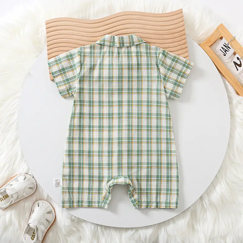 Baby Plaid Shorts Set Green White Summer Romper - Image 2
