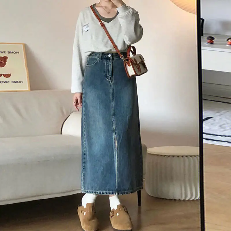 Women Denim Skirt Set with High Waist & Split Detail - Image 2