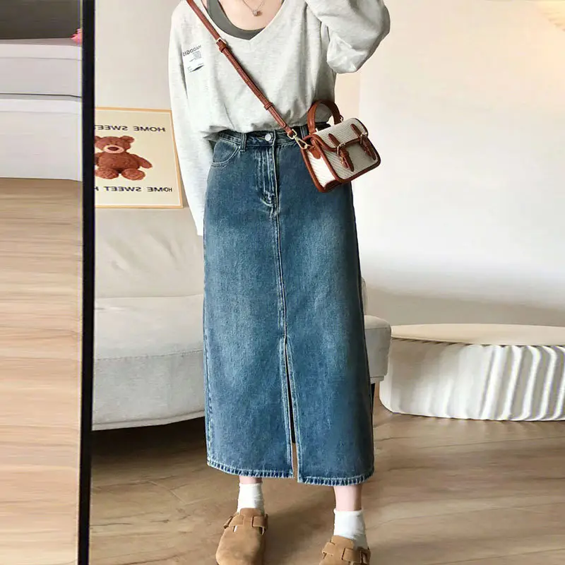 Women Denim Skirt Set with High Waist & Split Detail - Image 4