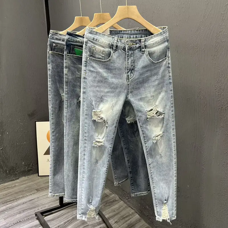 Men Ripped Slim Fit Jeans Light Blue 2023