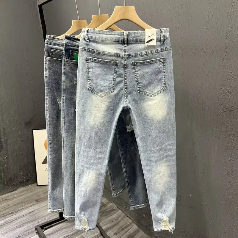 Men Ripped Slim Fit Jeans Light Blue 2023 - Image 10