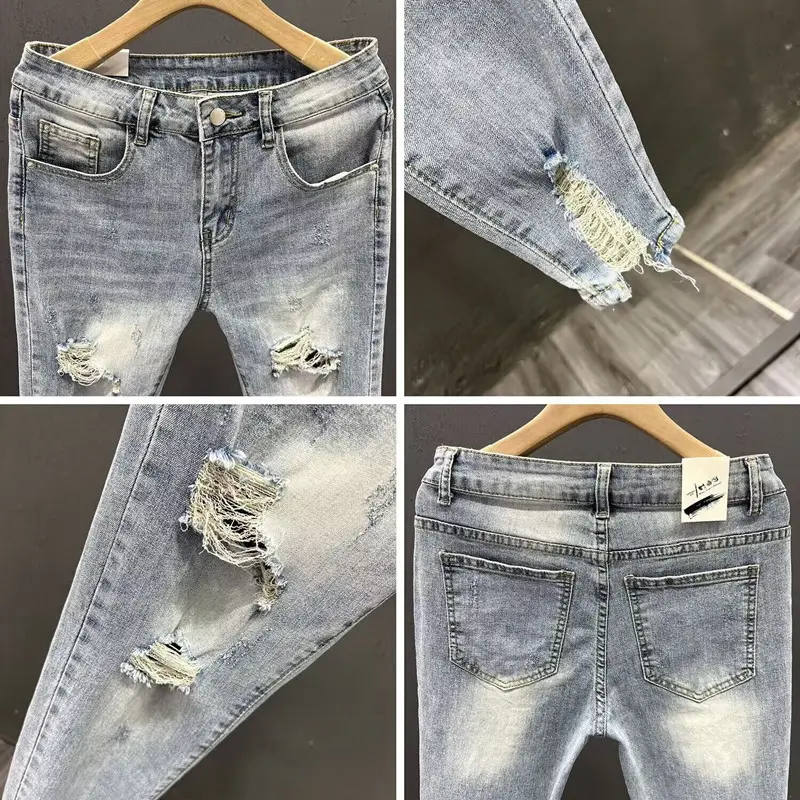 Men Ripped Slim Fit Jeans Light Blue 2023 - Image 11