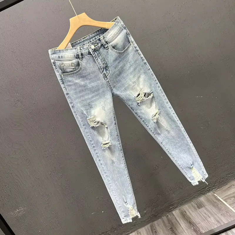 Men Ripped Slim Fit Jeans Light Blue 2023 - Image 12