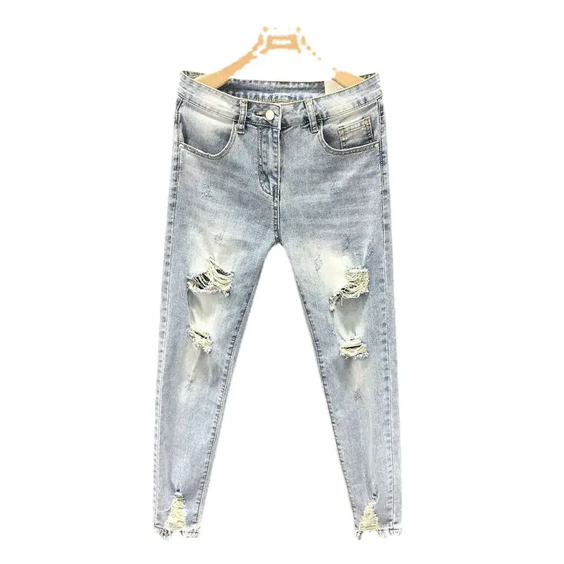 Men Ripped Slim Fit Jeans Light Blue 2023 - Image 13