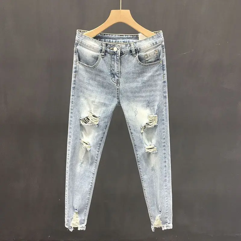 Men Ripped Slim Fit Jeans Light Blue 2023 - Image 4
