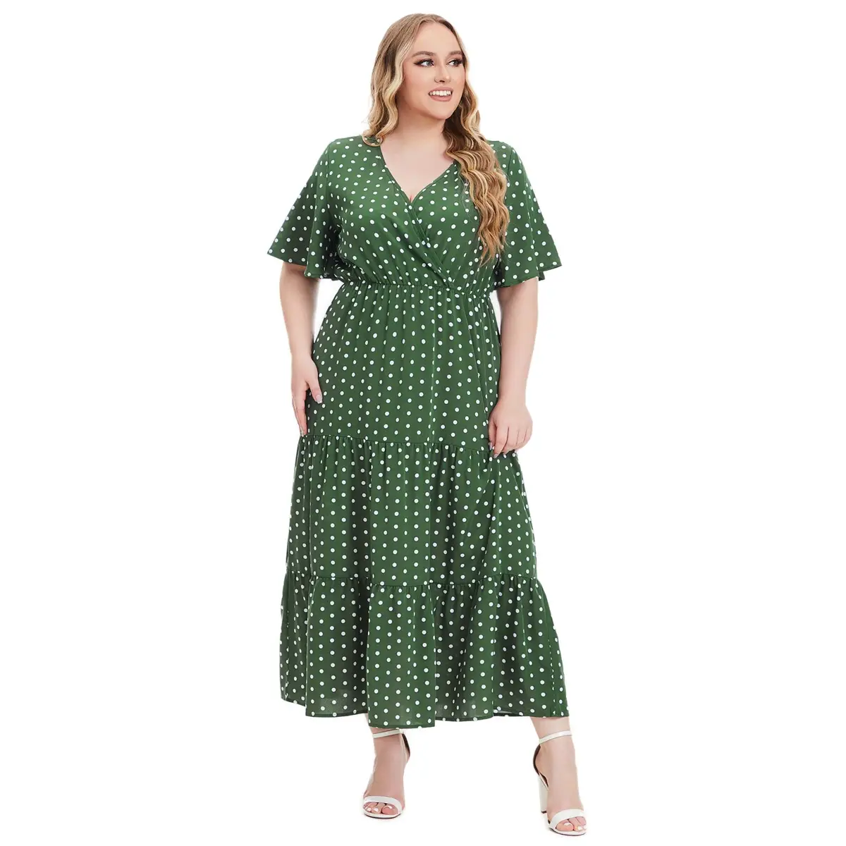 Plus Size Red Polka Dot V Neck Dress - Image 5