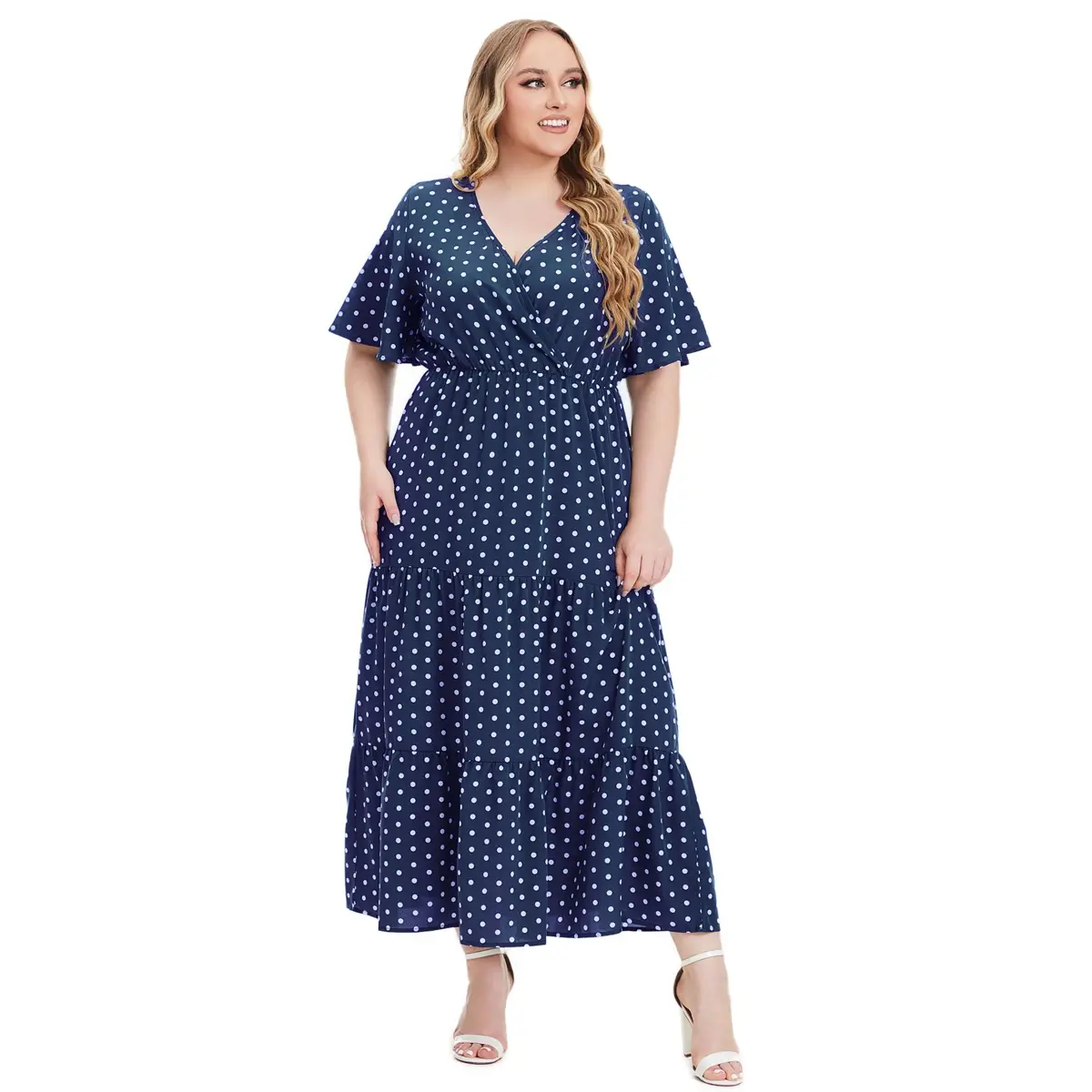 Plus Size Red Polka Dot V Neck Dress - Image 7