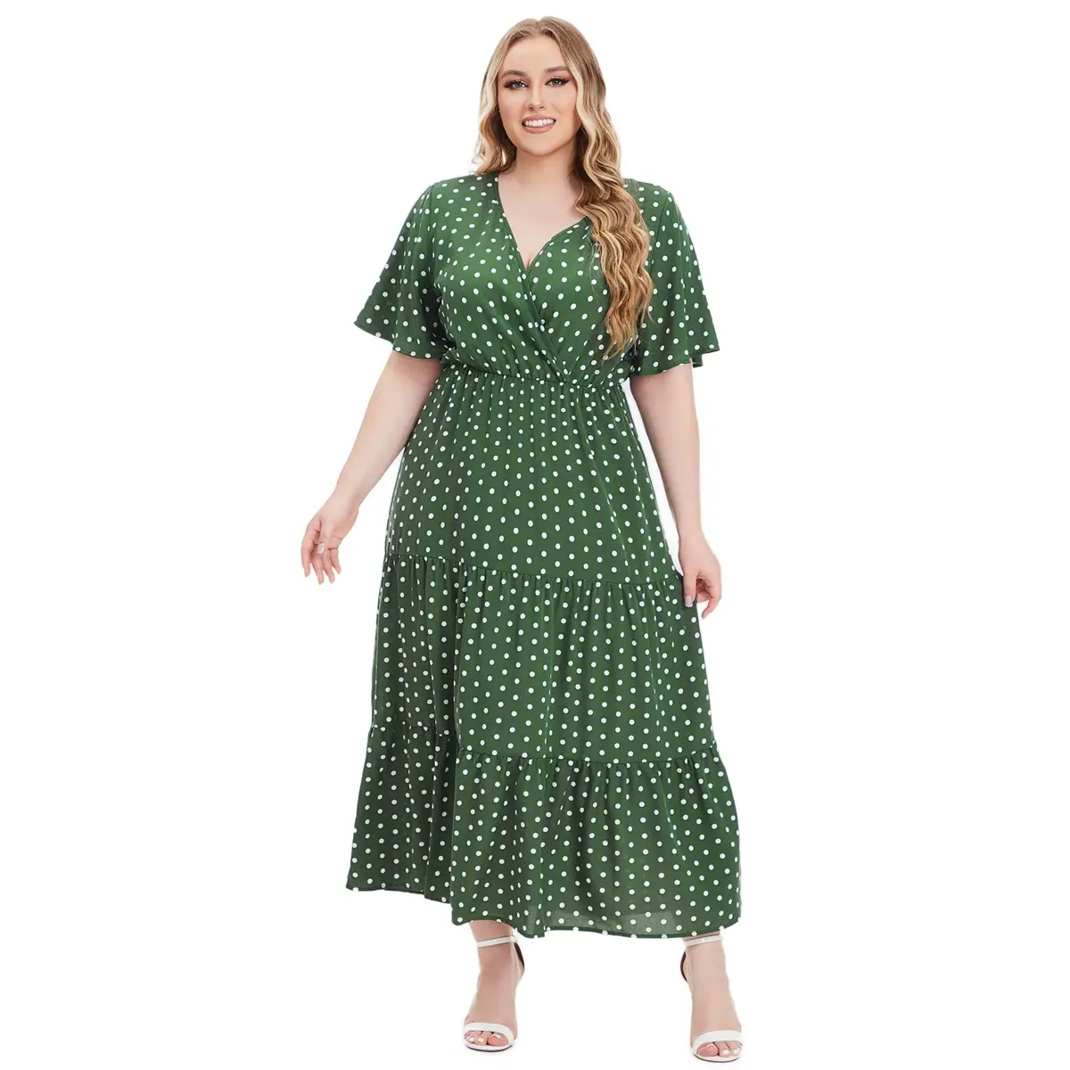 Plus Size Red Polka Dot V Neck Dress - Image 8