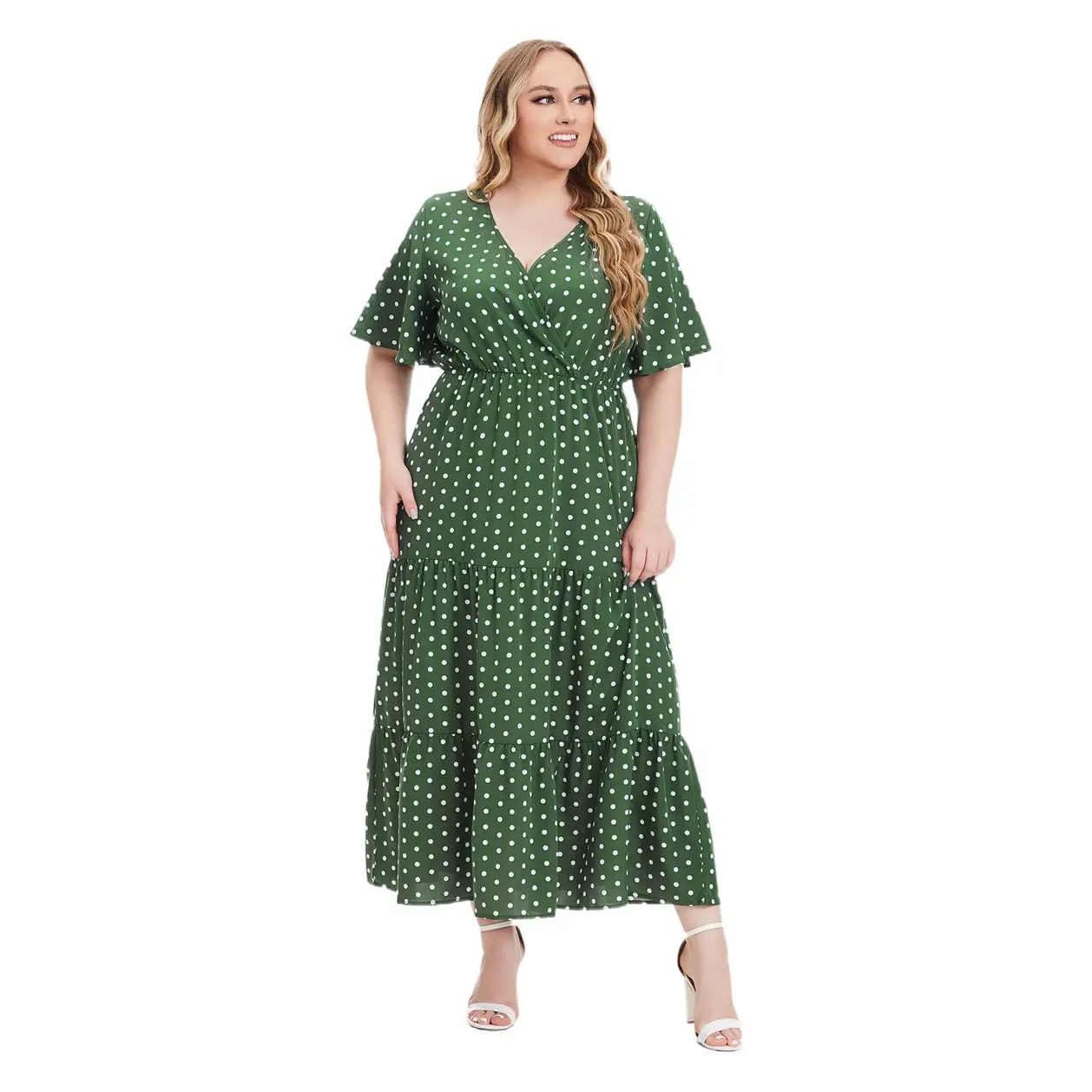 Plus Size Red Polka Dot V Neck Dress