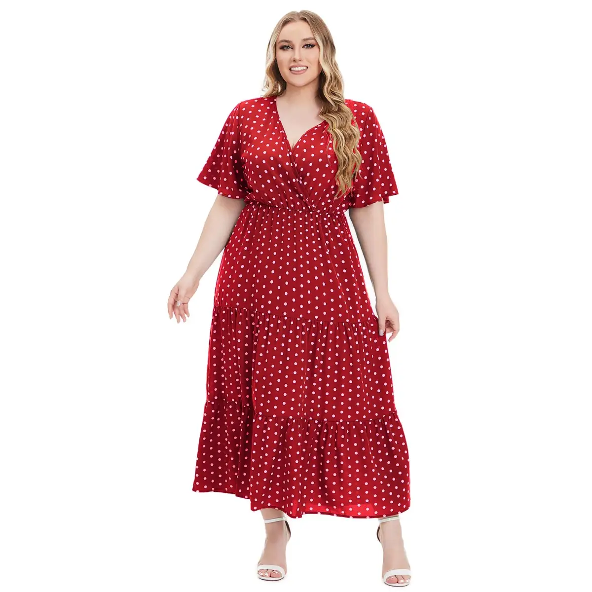 Plus Size Red Polka Dot V Neck Dress - Image 2
