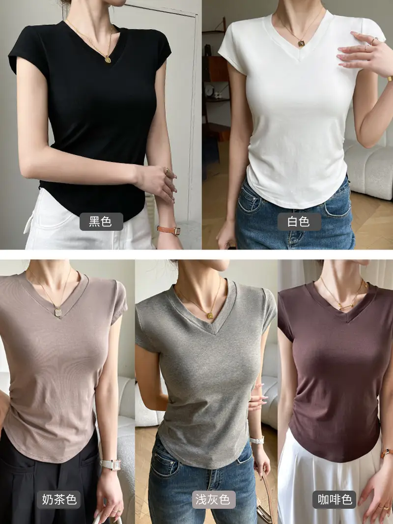Women V Neck Short Sleeve T-Shirt Grey - Image 4