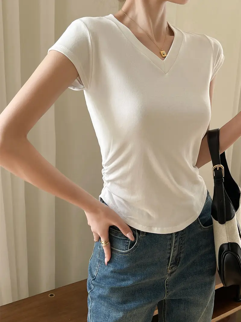 Women V Neck Short Sleeve T-Shirt Grey - Image 6