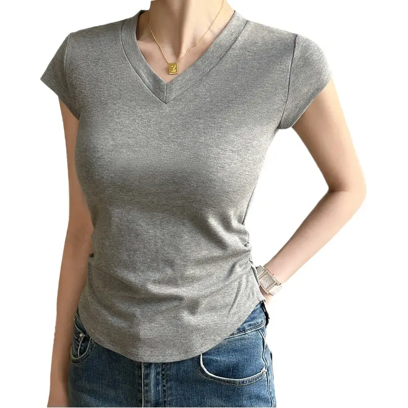 Women V Neck Short Sleeve T-Shirt Grey