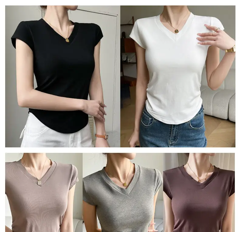 Women V Neck Short Sleeve T-Shirt Grey — feature 10