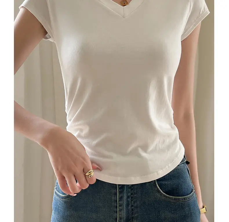Women V Neck Short Sleeve T-Shirt Grey — feature 12