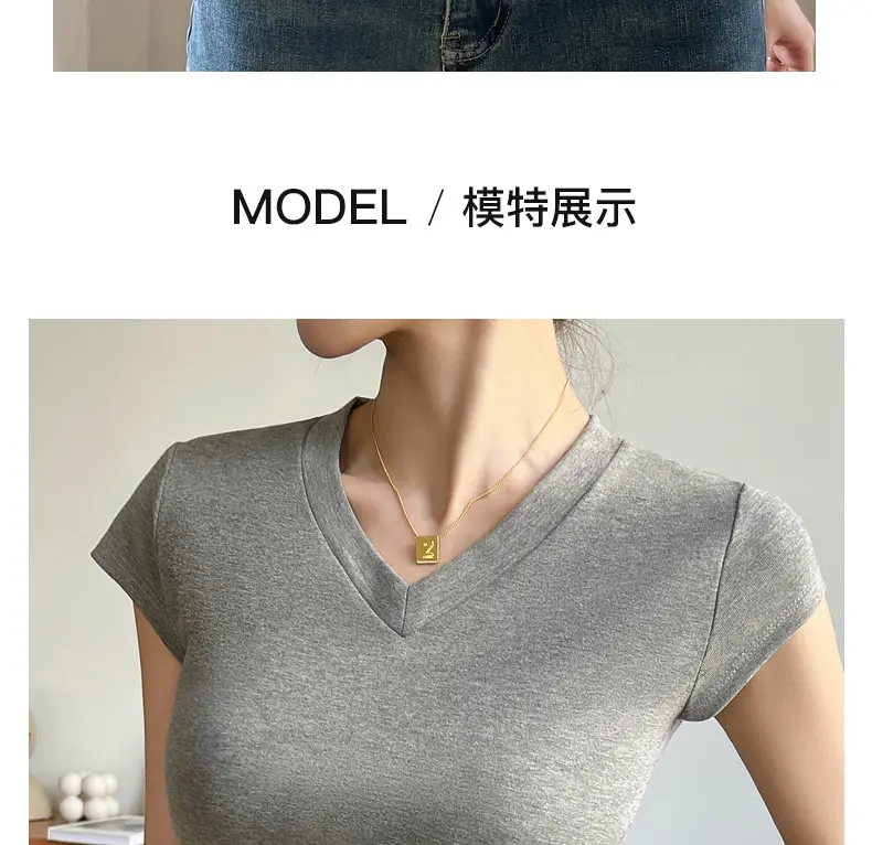 Women V Neck Short Sleeve T-Shirt Grey — feature 13