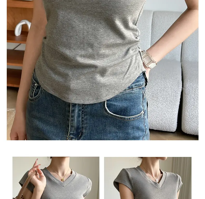 Women V Neck Short Sleeve T-Shirt Grey — feature 14