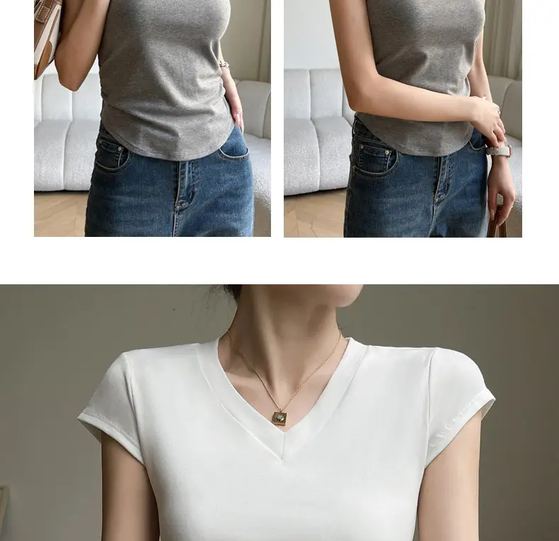 Women V Neck Short Sleeve T-Shirt Grey — feature 15