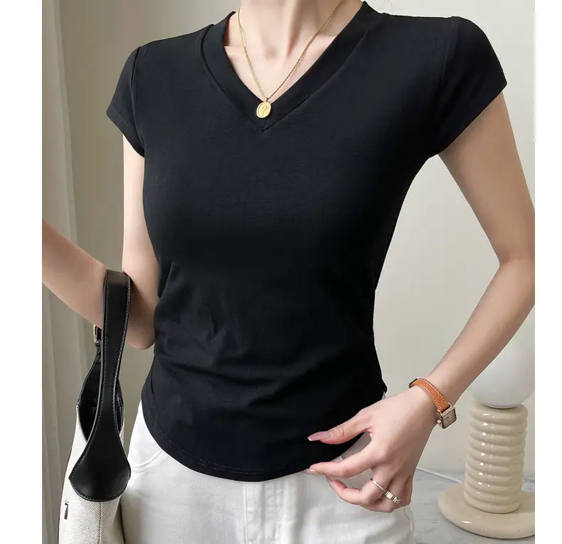 Women V Neck Short Sleeve T-Shirt Grey — feature 17