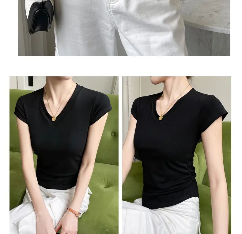 Women V Neck Short Sleeve T-Shirt Grey — feature 18