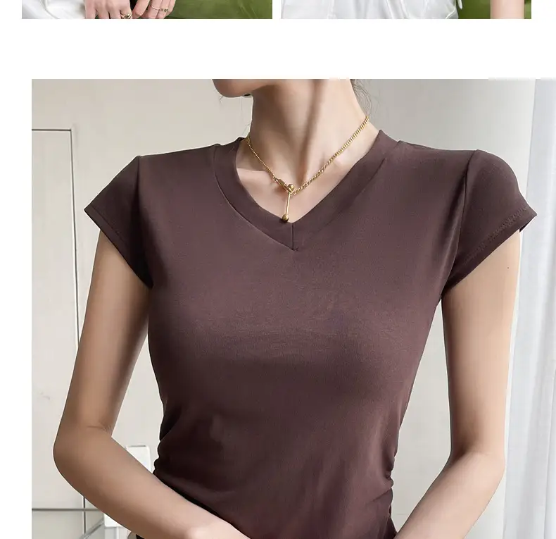 Women V Neck Short Sleeve T-Shirt Grey — feature 19