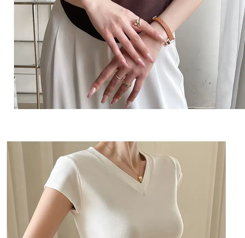 Women V Neck Short Sleeve T-Shirt Grey — feature 20
