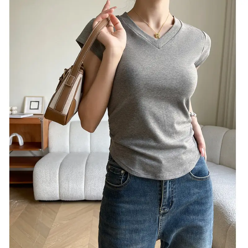 Women V Neck Short Sleeve T-Shirt Grey - Image 2