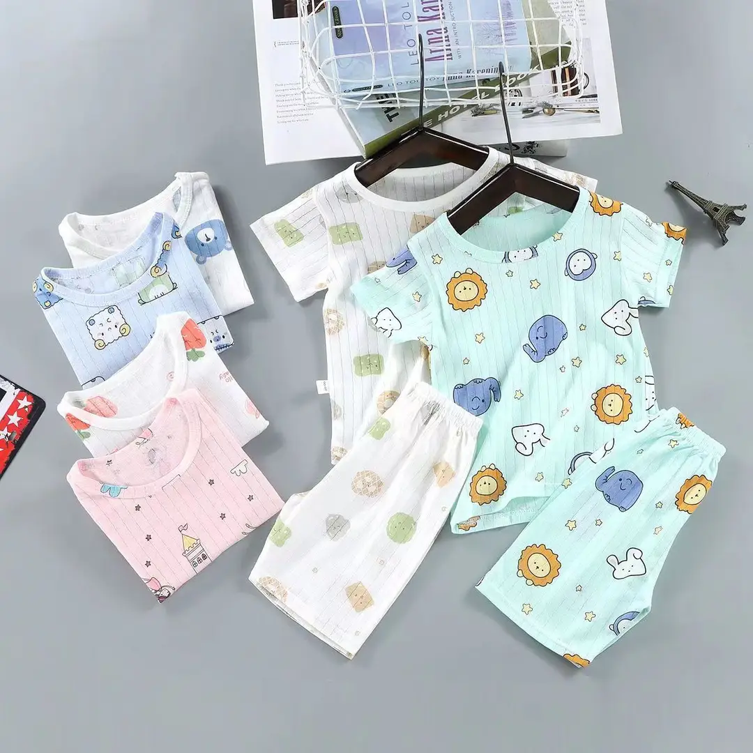 Summer new cotton children's short sleeve suit boys and girls baby ultra-thin homewear air conditioning clothes pajamas baby — feature 1