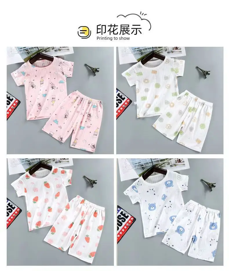 Summer new cotton children's short sleeve suit boys and girls baby ultra-thin homewear air conditioning clothes pajamas baby — feature 5