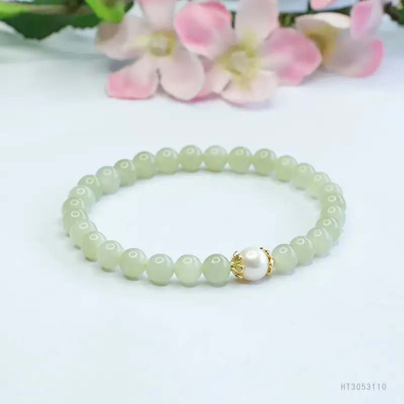 Guan Yu Jade Pearl Bracelet Clear Water Bead Gold Clasp - Image 3