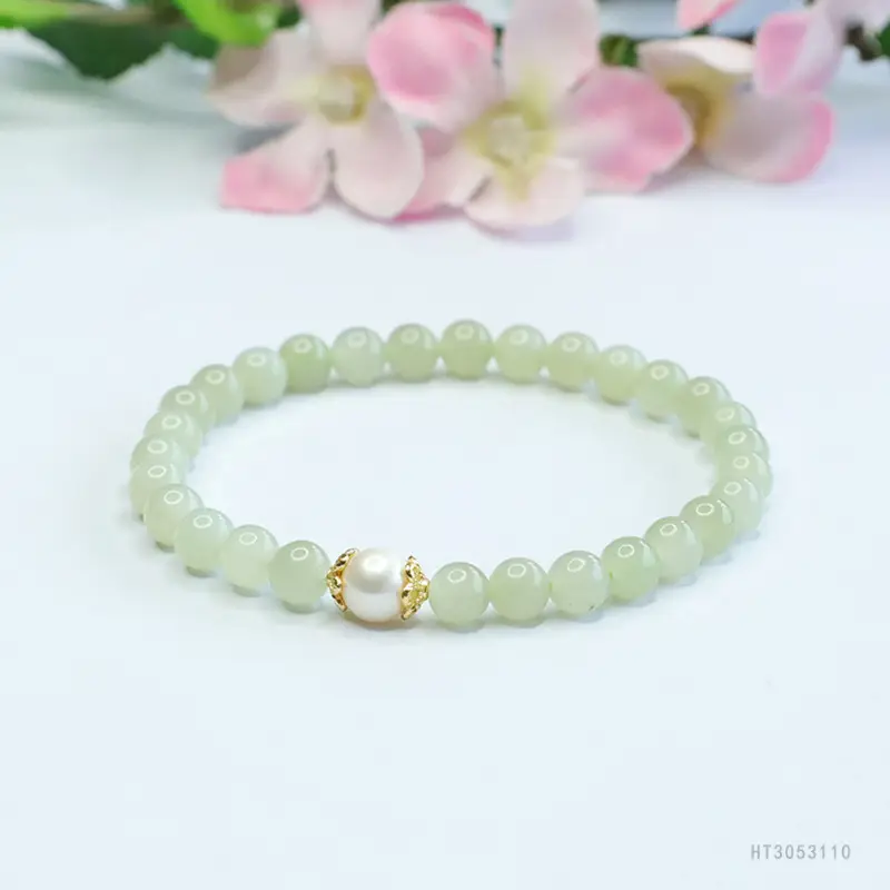 Guan Yu Jade Pearl Bracelet Clear Water Bead Gold Clasp - Image 4