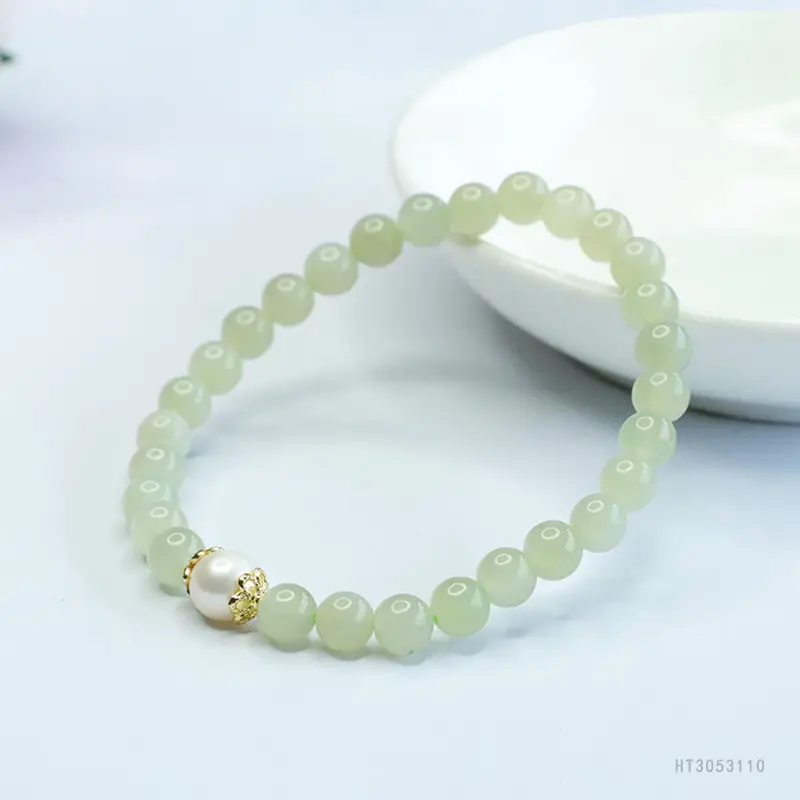 Guan Yu Jade Pearl Bracelet Clear Water Bead Gold Clasp - Image 5