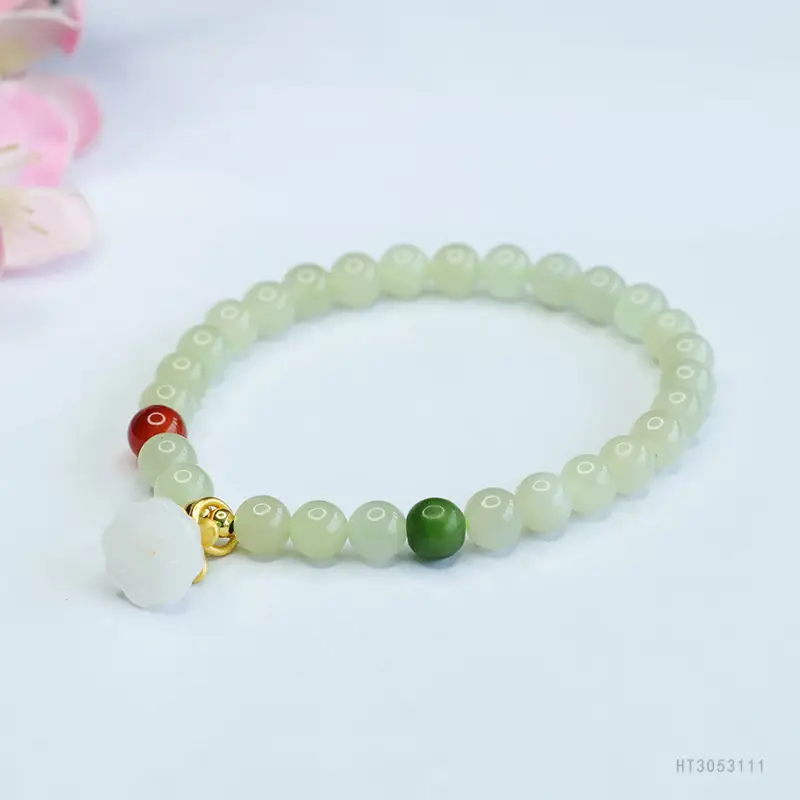 Guan Yu Jade Lotus Pendant Bracelet Clear Water Bead Red Green - Image 3