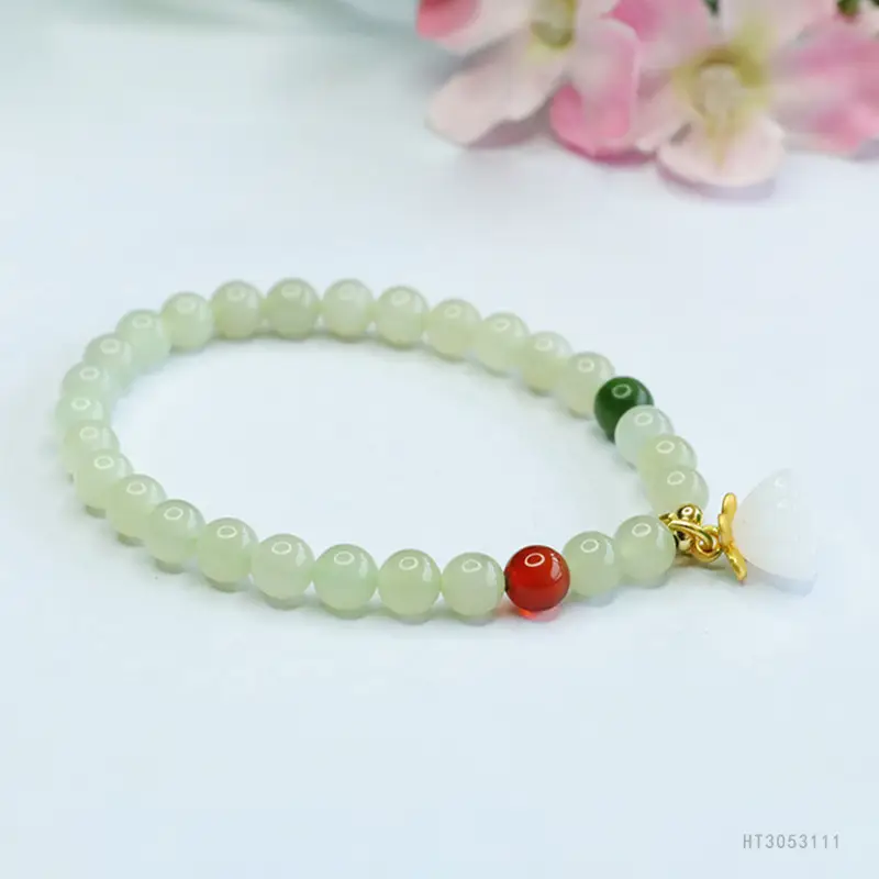 Guan Yu Jade Lotus Pendant Bracelet Clear Water Bead Red Green - Image 4