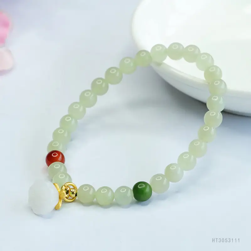 Guan Yu Jade Lotus Pendant Bracelet Clear Water Bead Red Green - Image 5