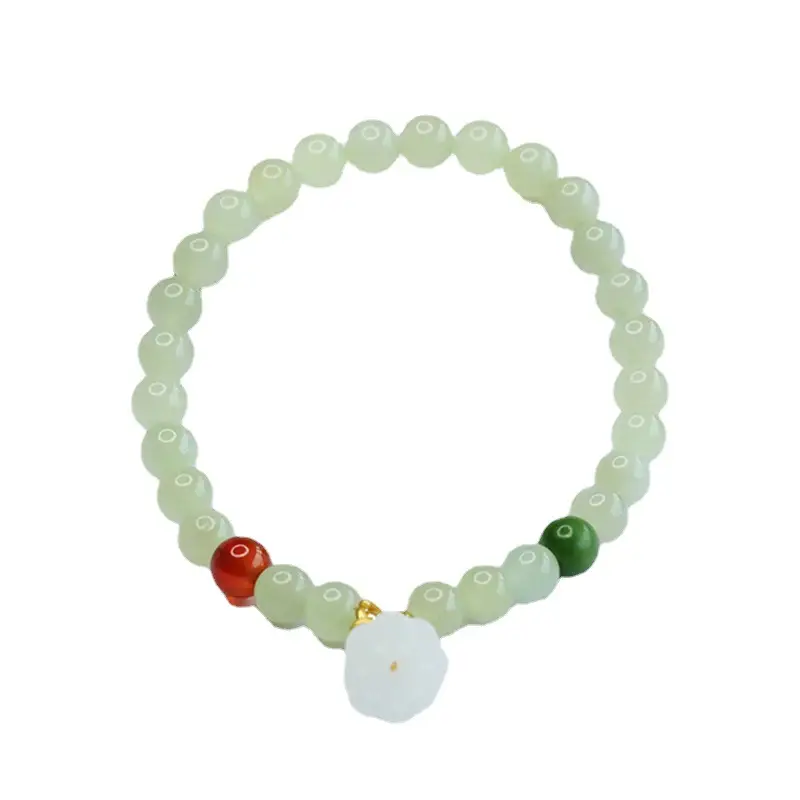 Guan Yu Jade Lotus Pendant Bracelet Clear Water Bead Red Green - Image 6
