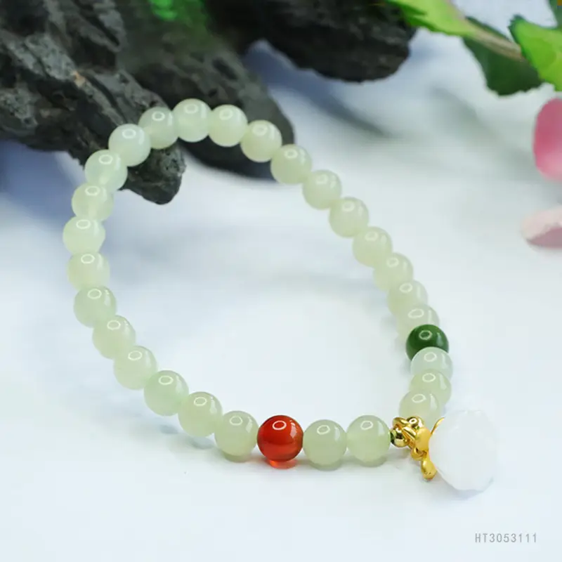 Guan Yu Jade Lotus Pendant Bracelet Clear Water Bead Red Green — feature 11