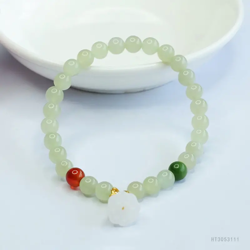 Guan Yu Jade Lotus Pendant Bracelet Clear Water Bead Red Green — feature 7