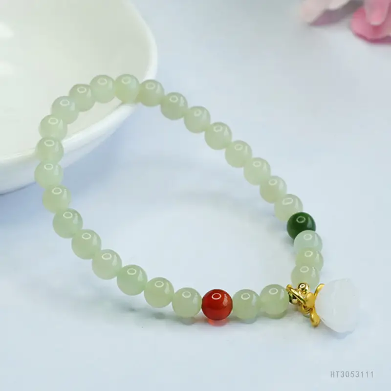 Guan Yu Jade Lotus Pendant Bracelet Clear Water Bead Red Green — feature 9