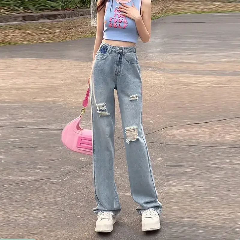 Women Ripped Pear Shape Wide Leg Jeans High Waist
