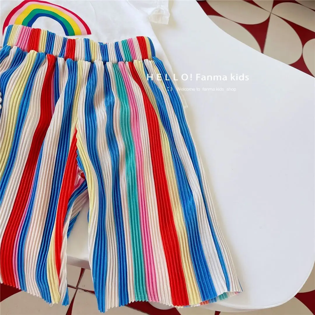 Girls Summer Suit 2023 Korean Style Rainbow Pants Set - Image 3