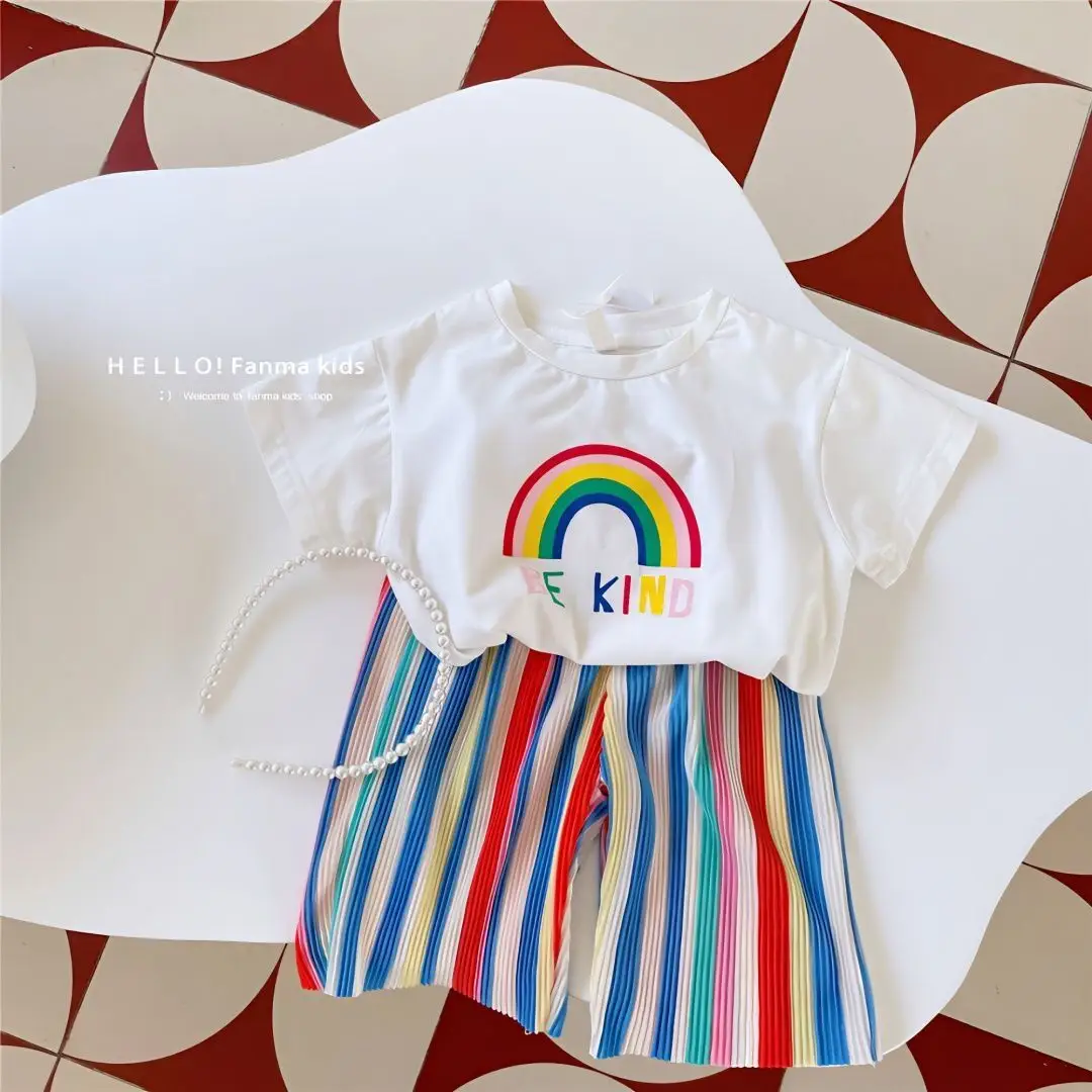Girls Summer Suit 2023 Korean Style Rainbow Pants Set — feature 1