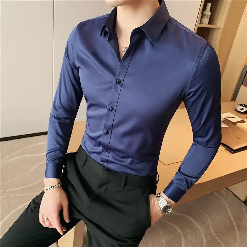 Men's Blue Slim Fit Long Sleeve Shirt Large